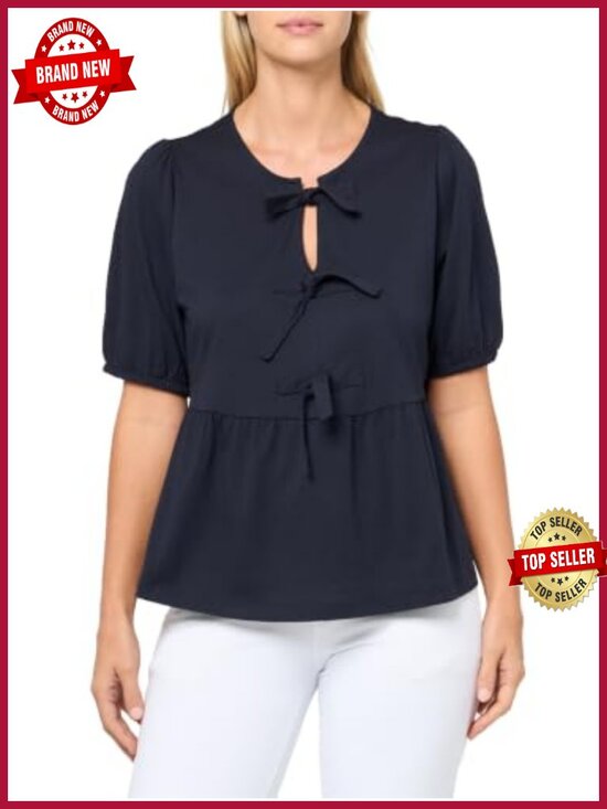 Tops - Peplum Bow Detail Short Sleeve Top Cotton Blend